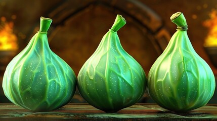 Wall Mural -   A trio of emerald vases gracefully resting atop a wooden dresser beside a roaring hearth