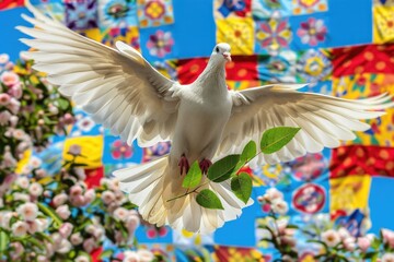 Wall Mural - White dove with green branch symbolizes International Day of Peace.