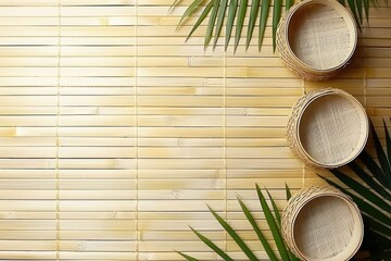 Poster - Bamboo brown straw mat as abstract texture background composition  top view above