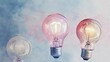 © Olga - Three light bulbs, illuminated, on blue-pink background; sky visible behind
