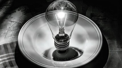 Wall Mural -   A monochrome snapshot of a bulb encased in glass, perched atop a dish on a table