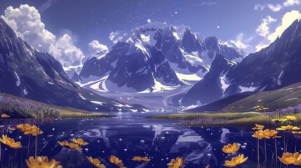 Wall Mural -  Snow-capped mountain against backdrop of lake and yellow flowers