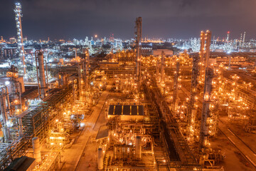 Elevated Night View of an Oil Refinery Complex