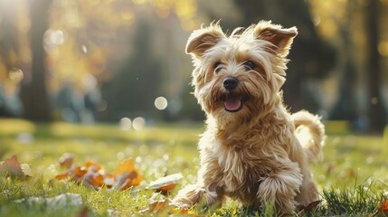 Wall Mural -   A small brown dog sits atop a lush green field beside a pile of leaves