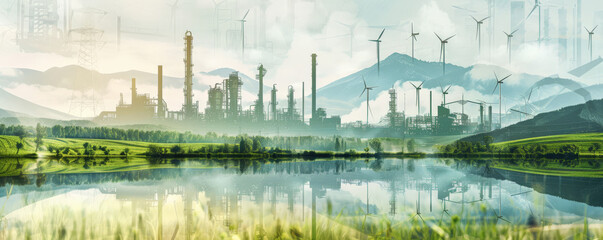 Double exposure of an oil refinery plant and a thriving green landscape with hydroelectric dams and wind farms. The overlay showcases the harmonious coexistence of traditional and renewable energy