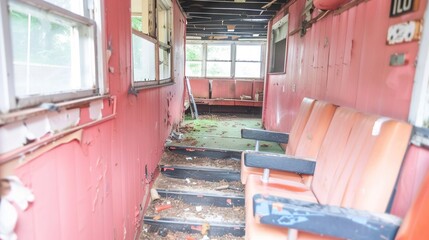 Wall Mural -   Abandoned train car with seats inside and window outside