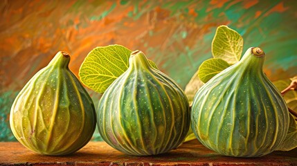 Poster -   Three green figs rest on a wooden table beside a lush green wall