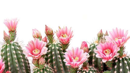 Wall Mural - Pink flowered cactus with white background and empty space