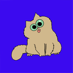 an image of a funny cartoon cute cat with green eyes who sits with his muzzle tilted on a purple background