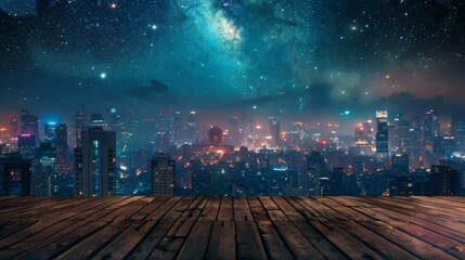Poster - A wooden platform overlooks a city skyline bathed in lights with a starry night sky and the Milky Way visible overhead.