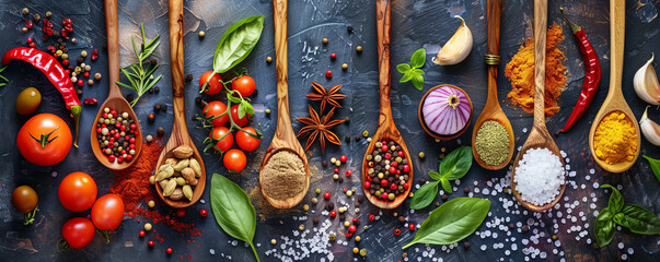 Top view of a variety of spices and fresh ingredients on wooden spoons, placed artistically on a cooking table, capturing the vibrant colors.