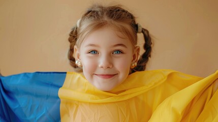 Happy little girl with Ukrainian flag on beige background.