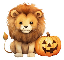 Sticker - PNG Lion wearing pumpkin cloth animal mammal cute.