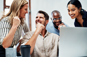 Wall Mural - Business people, laptop or winner fist for success, achievement or celebration in project management. Smile, diversity or company with technology for teamwork goals, progress or office collaboration