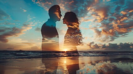 A double exposure of two silhouettes, one male and the other female, standing hand in hand on an ocean beach at sunset with clouds in the sky