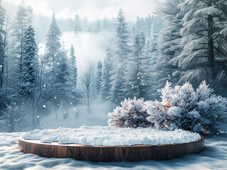 Wall Mural - Wood tabletop podium floor outdoors misty lake and forest in winter nature landscape background.cosmetic natural product present placement pedestal counter display.cold scene concept.