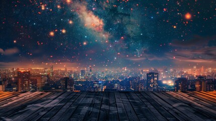 Poster - A nighttime cityscape with a starry sky, a milky way, and a wooden platform in the foreground.
