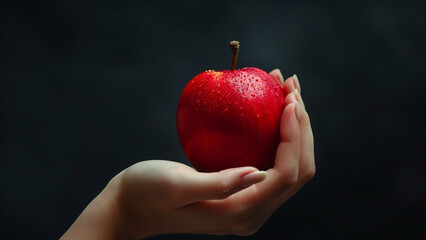 Bold Contrast: Woman Holding a Red Apple on Black