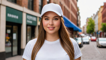 Wall Mural - Plus size young woman wearing white t-shirt and white baseball cap standing on the street