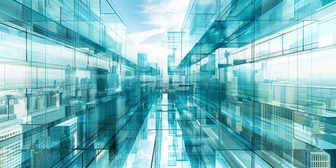 A cityscape with tall buildings and a clear blue sky