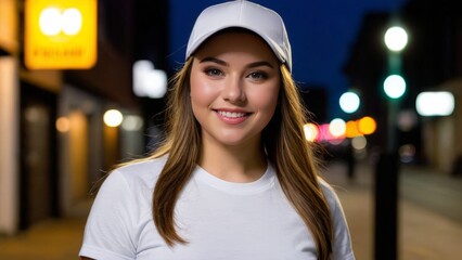 Wall Mural - Plus size young woman wearing white t-shirt and white baseball cap standing on the street at night