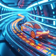 Wall Mural - A futuristic car is driving down a track with neon lights