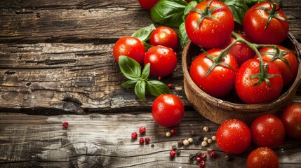 Canvas Print - A bowl of tomatoes and basil sits on a wooden table