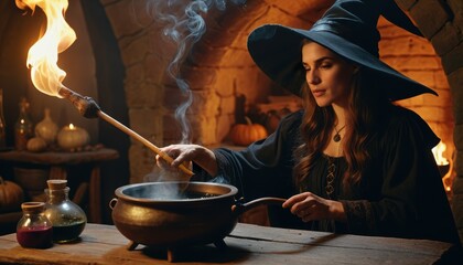 Halloween, Witch Brewing Potion in Cauldron