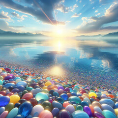 Wall Mural - Landscape of a lake of transparent water with multicolored stones