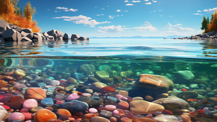 Wall Mural - Landscape of a lake of transparent water with multicolored stones