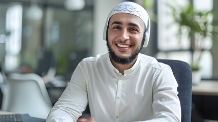 Canvas Print - Portrait of a smiling Muslim man businessman, marketer, salesman sitting in the office at the table in a headset and smiling confidently at the camera