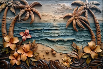 Wall Mural - 3D wood carving image of tropical flowers and coconut trees on beach background 