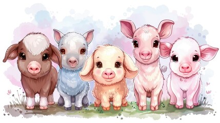 A group of cute little animals, including sheep and pigs, are standing in a row