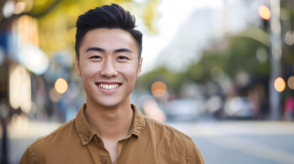 Close-up portrait of a smiling young Asian man in a brown shirt standing on a city street and looking confidently into the camera