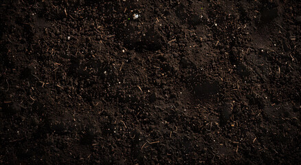 dark brown soil background,top view of dirt texture for garden or vegetable patch banner with copy s