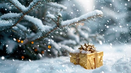 Canvas Print - Gift in gold box near snow covered Christmas tree