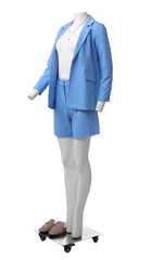 Poster - Female mannequin dressed in light blue suit and top with accessories isolated on white. Stylish outfit