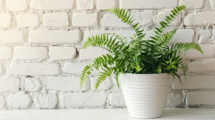 Wall Mural - Close-up of fern in white pot against white brick wall