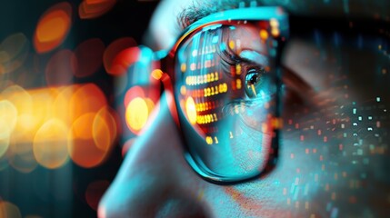 A dramatic close-up of a cybersecurity analyst's face illuminated by the glow of multiple computer screens, showcasing the intense focus and vigilance required to combat cyber threats.