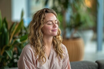 Canvas Print - Tranquil Therapist: Profile View of Wellness Professional Meditating for Mental Health and Balance in Peaceful Session