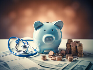 Canvas Print - Healthcare costs represented by a piggy bank and a doctors stethoscope