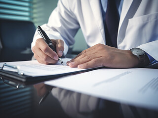 Wall Mural - Close-up of a doctor writing a prescription on a desk