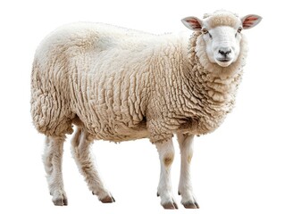 High-resolution image of a fluffy white sheep standing in profile against a white background. Perfect for agricultural and pastoral themes.