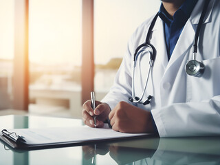 Canvas Print - Doctors stethoscope in focus as they review a medical report, with a blurred background