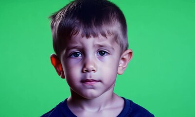 Sticker - portrait of a little boy with blue eyes on a green background