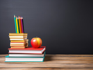 Canvas Print - Orange pencil holder and books on a white table with a red apple for educational themes