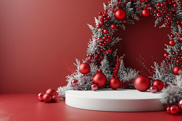 Poster - Red Christmas Wreath with White Platform