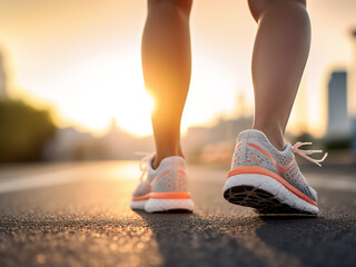 Wall Mural - Close-up of runners feet on the road, showcasing a fitness workout and active lifestyle