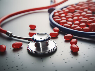 Canvas Print - Stethoscope with red heart-shaped pills and capsules, representing pharmacy