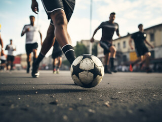 Canvas Print - Street soccer with players� legs and a ball, focusing on sports training and fitness